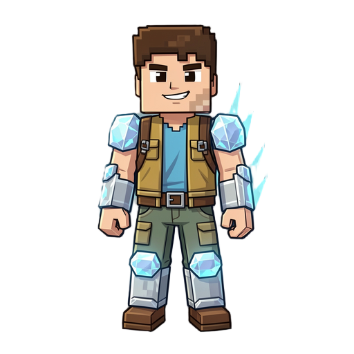 2d character design of “miguel”, a minecraft-inspired hero, standing in a stylized pixel-world environment. miguel is a young adventurous boy with a confident expression, wearing a custom minecraft-style outfit combining diamond armor elements and casual 