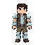 2d character design of “miguel”, a minecraft-ired hero, standing in a stylized pixel-world environment. miguel is a young adventurous boy with a confident expression, wearing a custom minecraft-style outfit combining diamond armor elements and casual expl