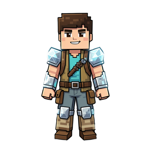2d character design of “miguel”, a minecraft-inspired hero, standing in a stylized pixel-world environment. miguel is a young adventurous boy with a confident expression, wearing a custom minecraft-style outfit combining diamond armor elements and casual 