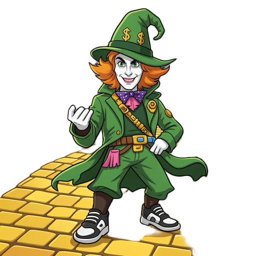 a detailed cinematic portrait of the eccentric character from image_0.png, combining elements of a mad hatter and a leprechaun, standing full-body on a winding yellow brick road. the central focus is his extraordinary face. his skin is a flawless, porcela