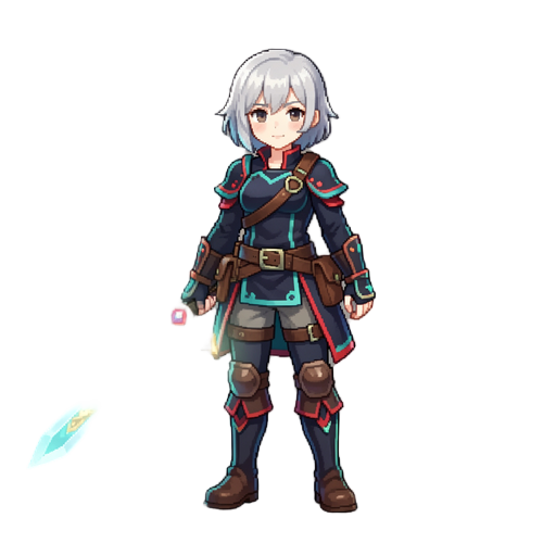 full body game character sprite, young heroine with short silver-white hair, dark navy adventurer outfit with teal and red accents, holding a glowing divine sword, detailed modern pixel art, vibrant watercolor-inspired palette, soft cel shading, in the st