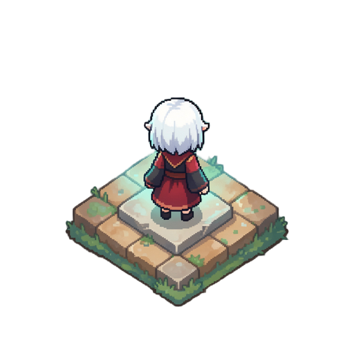 top-down 3/4 view game sprite, small chibi-proportioned heroine seen from above and behind, white hair, red and dark outfit, standing on stone shrine, 32-bit era pixel art with painterly watercolor textures, muted earthy palette with soft teal and warm st