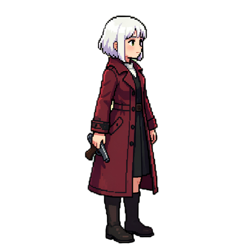 full body game character, young heroine, short white hair, dark red coat with black details, small pistol holstered, 32-bit pixel art with painterly watercolor shading, muted earthy palette, style of crosscode, standing pose facing right, side view, trans