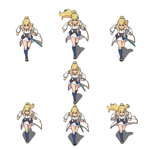 faça a personagem correndo de forma dinâmica em uma sequência de 7 imagems