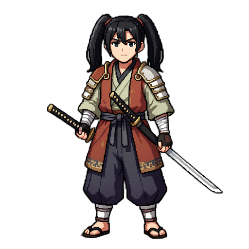 pixel art fantasy samurai character for a retro rpg game. black twin-tail hairstyle, katana sword, edo-period inspired layered robe, hakama pants, haori jacket, waist sash, arm wraps, light armor details. modest traditional warrior outfit, heroic stance, 