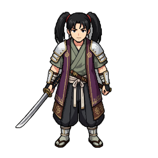 pixel art fantasy samurai character for a retro rpg game. black twin-tail hairstyle, katana sword, edo-period inspired layered robe, hakama pants, haori jacket, waist sash, arm wraps, light armor details. modest traditional warrior outfit, heroic stance, 