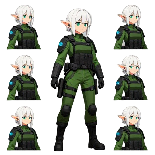 2d platformer pixel art animation, side view, female elf with white hair and green outfit, idle breathing animation, 8 frames, consistent character design, transparent background