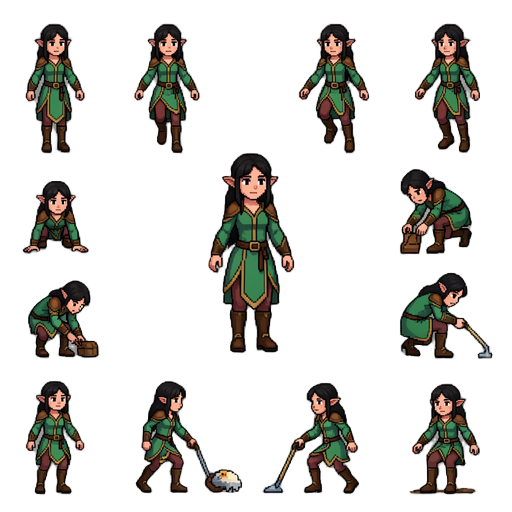 generate a complete 2d pixel art sprite sheet for a fantasy female elf character.  animations: - idle - walk - run - jump - fall - land - push - pull - crouch idle - crouch move - interact - ledge climb - hurt - death  8-directional movement. consistent c