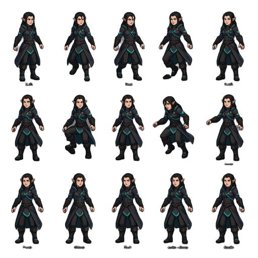 generate a complete 2d pixel art sprite sheet for a fantasy female elf character.  animations: - idle - walk - run - jump - fall - land - push - pull - crouch idle - crouch move - interact - ledge climb - hurt - death  8-directional movement. consistent c