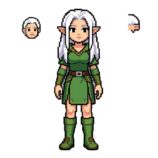 female elf, white hair, green clothes, side view, 2d platformer game character, pixel art sprite, transparent background, full body