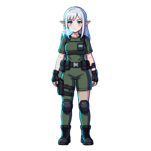 2d platformer pixel art animation, side view, female elf with white hair and green outfit, idle breathing animation, 8 frames, consistent character design, transparent background