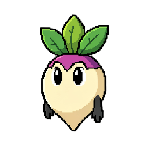 pixel art character, 256x256 pixels. a single turnip character in neutral idle pose. cuphead 1930s rubber hose cartoon style. front-facing with slight 3/4 turn. round cream-yellow body with purple-pink top. crown of five green leaves with a golden sprout 