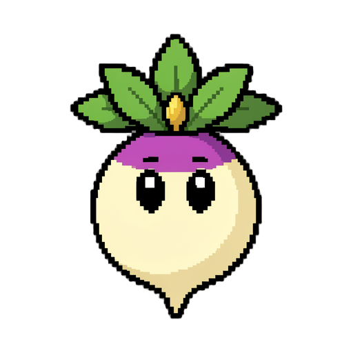 pixel art character, 256x256 pixels. a single turnip character in neutral idle pose. cuphead 1930s rubber hose cartoon style. front-facing with slight 3/4 turn. round cream-yellow body with purple-pink top. crown of five green leaves with a golden sprout 