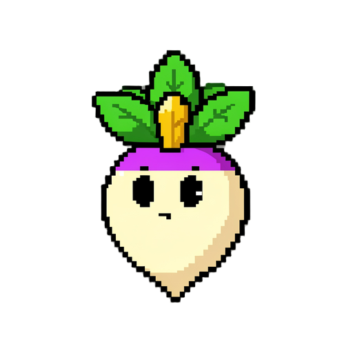 pixel art character, 256x256 pixels. a single turnip character in neutral idle pose. cuphead 1930s rubber hose cartoon style. front-facing with slight 3/4 turn. round cream-yellow body with purple-pink top. crown of five green leaves with a golden sprout 