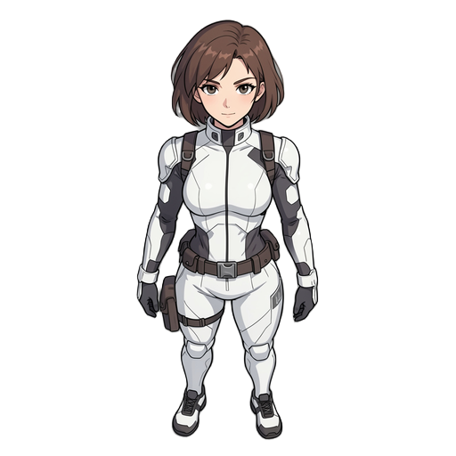 athletic female,  with short brunette hair dressed in a white cryo suit wearing a thin utility belt