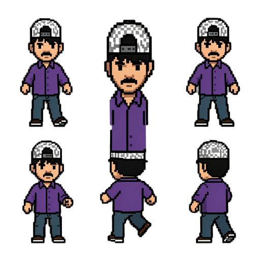 "convert this real photo of a young south asian man with mustache, black hair, wearing backward cap and purple shirt into 32x32 pixel art rpg character sprite sheet, top-down or 4/4 view, multiple frames for walking and idle animation, same face100% match