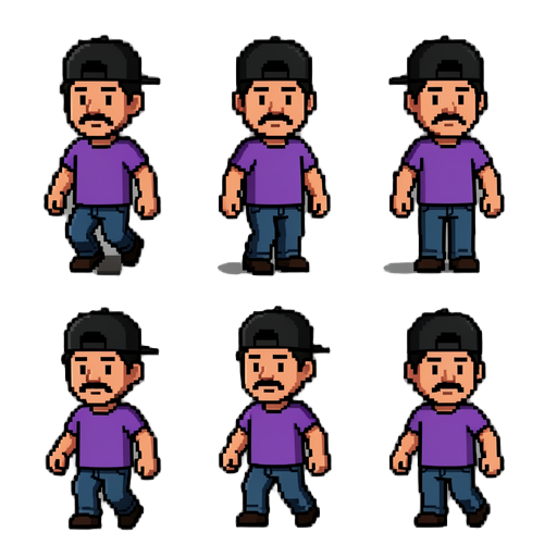 "convert this real photo of a young south asian man with mustache, black hair, wearing backward cap and purple shirt into 32x32 pixel art rpg character sprite sheet, top-down or 3/4 view, multiple frames for walking and idle animation, same face features,