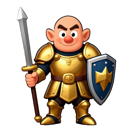 um cavaleiro com armadura bilhante, anão, espada na mao direita e escudo na mao esqueda.