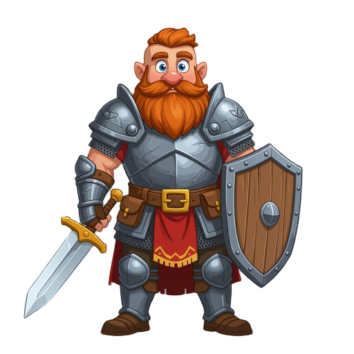 um cavaleiro com armadura bilhante, anão, espada na mao direita e escudo na mao esqueda.