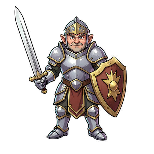 um cavaleiro com armadura bilhante, anão, espada na mao direita e escudo na mao esqueda.