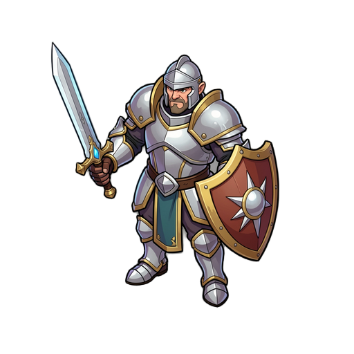 um cavaleiro com armadura bilhante, anão, espada na mao direita e escudo na mao esqueda.