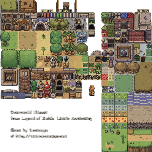 um tileset completo para todo o overworld de hyrule e dungeons do primeiro zelda do nes, seguindo o estilo de pixel art do zelda oracle of seasons do gameboy color.