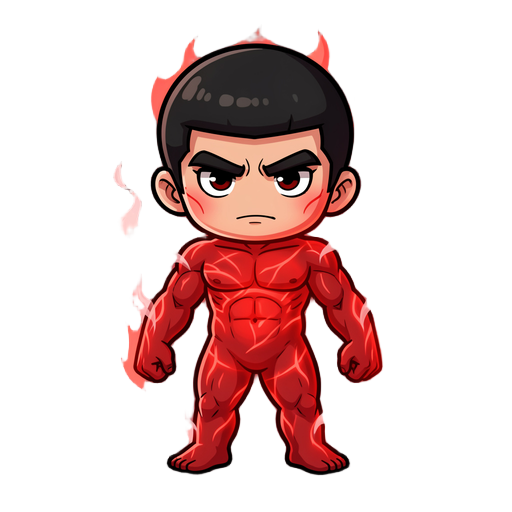 might guy, eighth gate of death opened, red chakra aura, red glowing skin, steam coming from body, black bowl haircut, thick eyebrows, full body, chibi style, ddtank style, transparent background, not naruto, not rock lee
