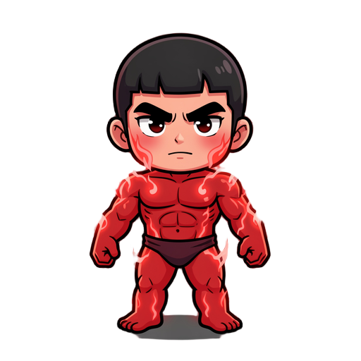might guy, eighth gate of death opened, red chakra aura, red glowing skin, steam coming from body, black bowl haircut, thick eyebrows, full body, chibi style, ddtank style, transparent background, not naruto, not rock lee