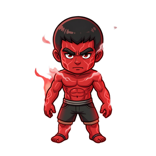 might guy, eighth gate of death opened, red chakra aura, red glowing skin, steam coming from body, black bowl haircut, thick eyebrows, full body, chibi style, ddtank style, transparent background, not naruto, not rock lee