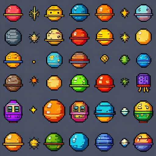 crie uma coleção de pixel arts no estilo retrô de videogames clássicos, com resolução exata de 16x16 pixels para cada sprite. o tema principal é espaço sideral e ficção científica.  gere diversos elementos independentes, cada um ocupando uma grade de 16x1