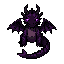 a dark mythic leviathan pet, chibi pixel art, quadruped sidescroller full body sprite, clearly pet-like and not humanoid, inspired by an ancient abyssal leviathan, black and deep violet scales, glowing purple eyes, small curved horns, compact beast-like b