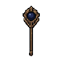 gere um cajado, em stilo pixel art, chibi, proporcional ao boneco, cajado de madeira com uma orbe no centro na cor azul escuro 