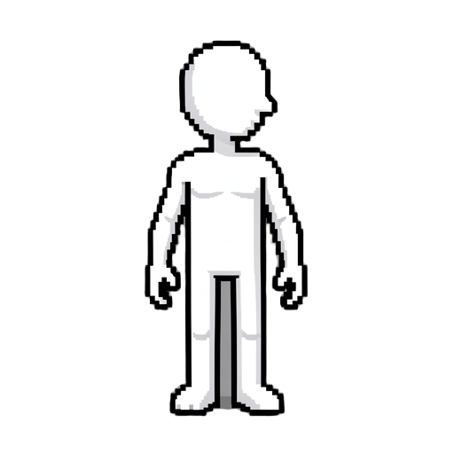 humanlike pixelart stickman white prototype hero front side like standing pose 2d small human like head chiseled jawline no face human like limbs