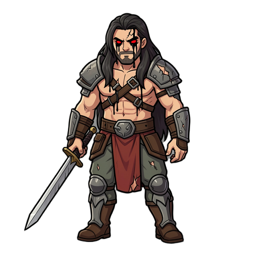 human warrior with long hair male wearing broken armed on chest and legs red eyes drop the black blood from his eyes with sword