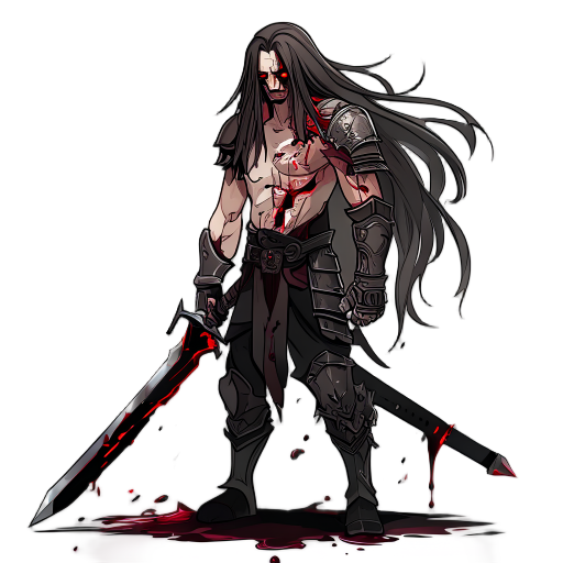 human warrior with long hair male wearing broken armed on chest and legs red eyes drop the black blood from his eyes with sword