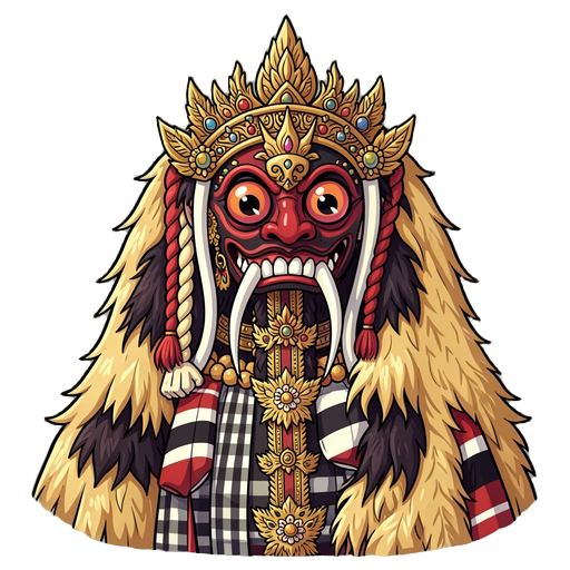 illustration of the rangda character from balinese culture, front view, with a terrifying mask featuring large bulging eyes, sharp teeth, and long white fangs. she wears a golden crown filled with intricate ornaments and a row o