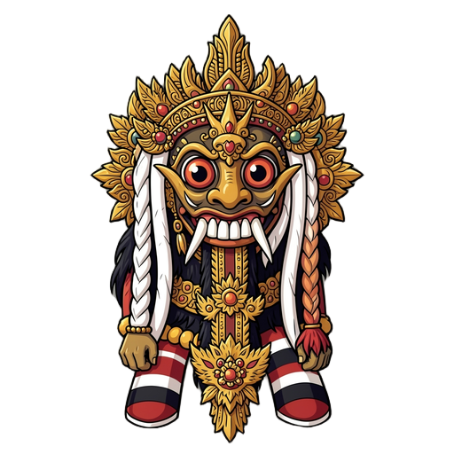 illustration of the rangda character from balinese culture, front view, with a terrifying mask featuring large bulging eyes, sharp teeth, and long white fangs. she wears a golden crown filled with intricate ornaments and a row o