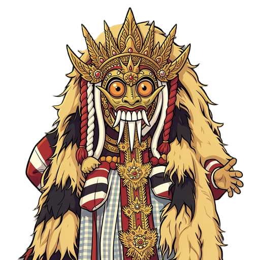 here is the english translation you can pakai langsung sebagai prompt:  illustration of the rangda character from balinese culture, front view, with a terrifying mask featuring large bulging eyes, sharp teeth, and long white fangs. she wears a golden crow