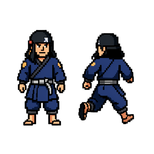 pixel art sprite sheet, 8-bit samurai character, minimalist design, solid white background, high contrast. contains two distinct poses: one frame of idle stance, one frame of running animation. retro video game aesthetic, limited color palette, clean pixe