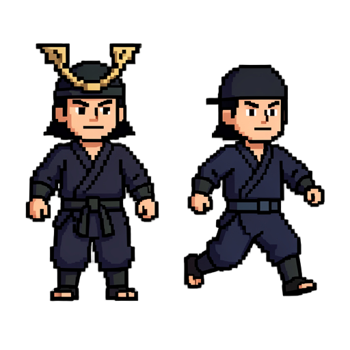 pixel art sprite sheet, 8-bit samurai character, minimalist design, solid white background, high contrast. contains two distinct poses: one frame of idle stance, one frame of running animation. retro video game aesthetic, limited color palette, clean pixe