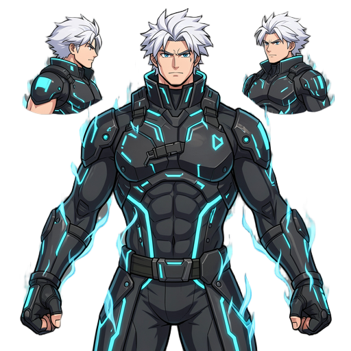 crie uma spritesheet técnica profissional para jogo de luta 2d, pronta para ser usada em uma game engine.  personagem: xaba, guerreiro cyberpunk masculino, cabelo branco, roupa preta futurista, detalhes em azul ciano, energia azul ao redor do corpo, estil