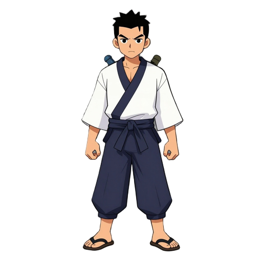 um personagem estilo metroidvania japonês, que luta box, uma camisa azul escuro manga longa, uma calça marrom, com uma mochila de ombro a cintura, cabelo preto com corte samurai