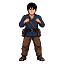 um personagem japonês, que luta box, uma camisa azul escuro manga longa, uma calça marrom, com uma mochila de ombro a cintura, cabelo preto com corte samurai
