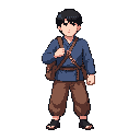 um personagem japonês, que luta box, uma camisa azul escuro manga longa, uma calça marrom, com uma mochila de ombro, cabelo preto corte samurai