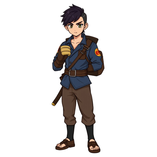 um personagem estilo metroidvania japonês, que luta box, uma camisa azul escuro manga longa, uma calça marrom, com uma mochila de ombro a cintura, cabelo preto com corte samurai
