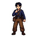 um personagem estilo metroidvania japonês, que luta box, uma camisa azul escuro manga longa, uma calça marrom, com uma mochila de ombro a cintura, cabelo preto com corte samurai