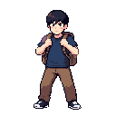 um personagem coreano que luta box uma camisa azul escuro uma calça marrom com uma mochila de ombro