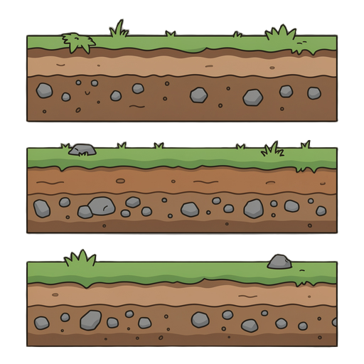 create a set of 2d game assets showing cross-section layers of ground and terrain, in a flat vector art style with clean outlines and solid color blocks. the style should be simple, cartoonish, and seamless tileable. for the rock and stone sections, do no