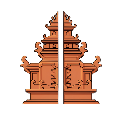 vector illustration of a traditional balinese split gate (candi bentar), symmetrical design, intricate carvings, warm terracotta orange color, clean lines, minimalist style, isolated on a transparent background, high resolution, sharp details