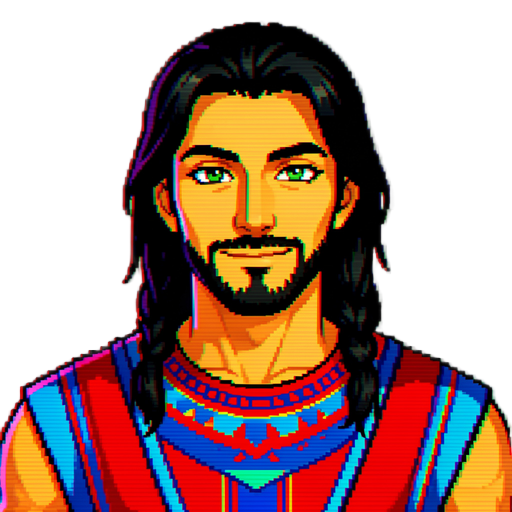 the portrait of a young man in his twenties, long black tied hair and short beard, clear green eyes, smug expression on his face. he wears the clothes of a nomad tribe living in an oasis in the desert, with red and blue as his prefered colors. no turban, 